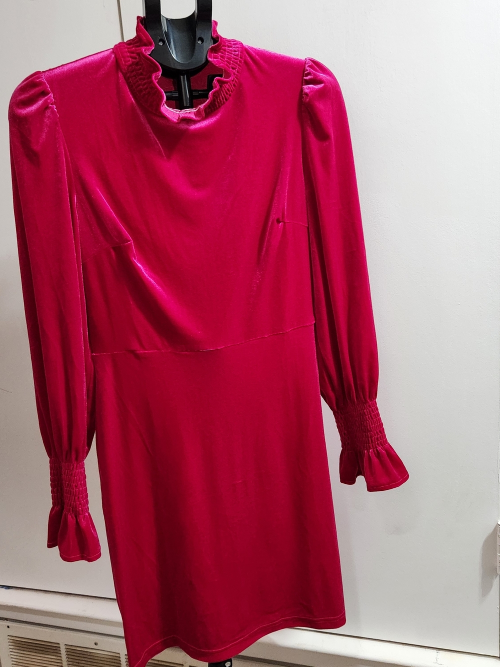Ruffled High-Neck Long Sleeve Velvet Dress - Hot Pink